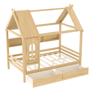 English Elm Full House Solid Wood Platform Bed with Window Roof, Under-Bed Drawers & Shelves for Kids' Rooms Natural W1580S00268