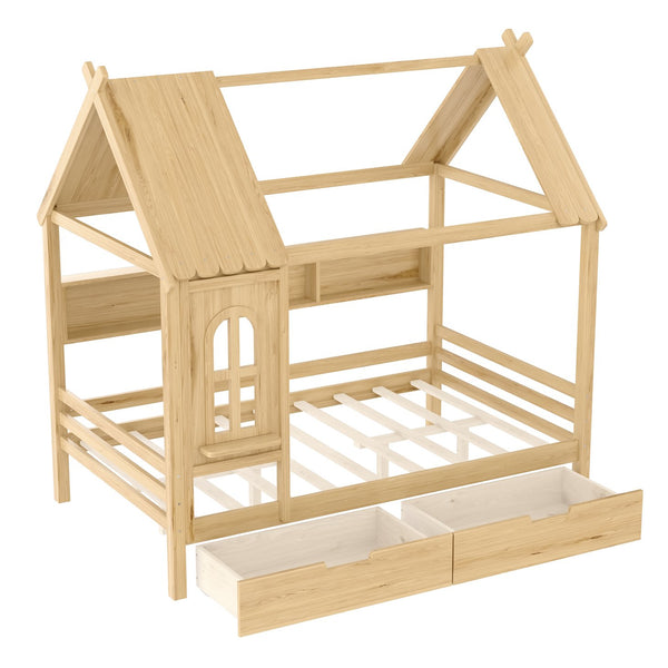 English Elm Full House Solid Wood Platform Bed with Window Roof, Under-Bed Drawers & Shelves for Kids' Rooms Natural W1580S00268