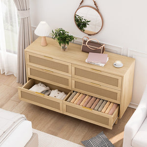 English Elm 51.18"6-Drawers Rattan Storage Cabinet with Smooth White Slides, Breathable Woven Drawers for Home Natural W757P162760