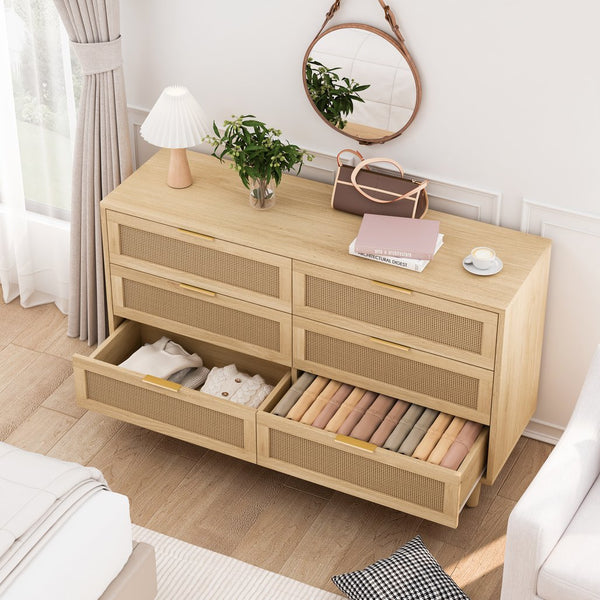 English Elm 51.18"6-Drawers Rattan Storage Cabinet with Smooth White Slides, Breathable Woven Drawers for Home Natural W757P162760