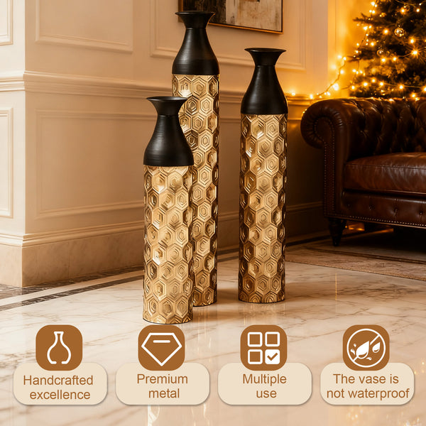 English Elm Floor Metal Vases Set Of 3 - Elegant White And Gold Decor For Modern Home Interiors, 24.8-33.8In W2796P234276