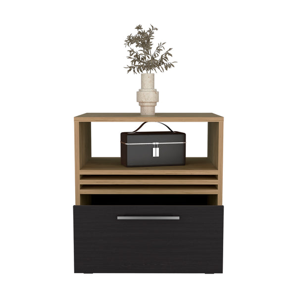 English Elm Baldwin City Nightstand in Light Oak & Black with Casters, Engineered Wood, Minimalist Modern Design B092P254745