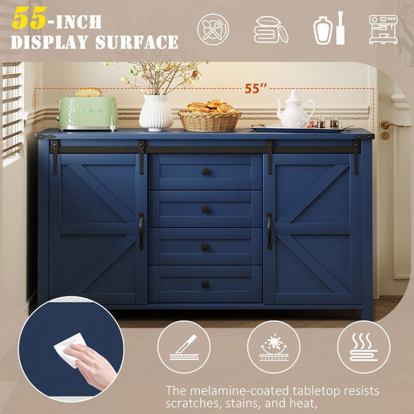 English Elm U-style Farmhouse Sideboard Barn Door Buffet with Drawers Built-in Outlet Dining Navy Blue N711P347377V