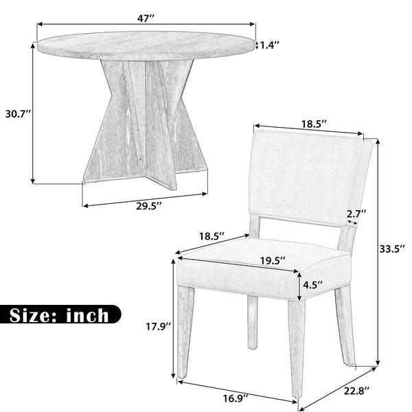 English Elm TREXM Retro Round Dining Table Set for 4 with Distressed Wood Finish, Origami Base & Upholstered Chairs ST000138AAP