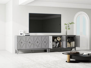 English Elm 4 Door Sideboard Buffet with Hand Carved Geometric Panels Black Oak Finish Raised Legs W688P359831