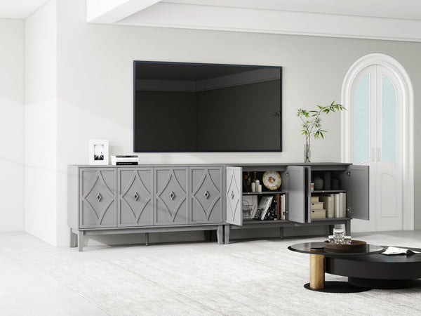 English Elm 4 Door Sideboard Buffet with Hand Carved Geometric Panels Black Oak Finish Raised Legs W688P359831