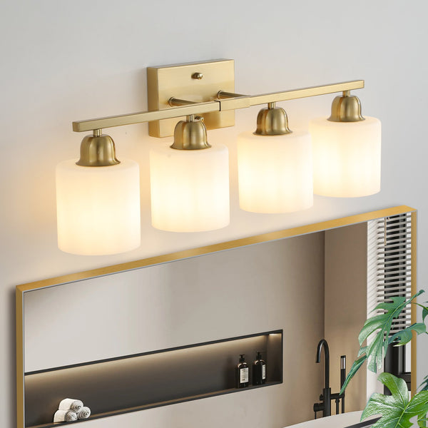 English Elm Gold 4-Light Modern Vanity Light Fixture - Elegant Wall Sconce With Frosted Glass Shades For Bathroom W2312P374856