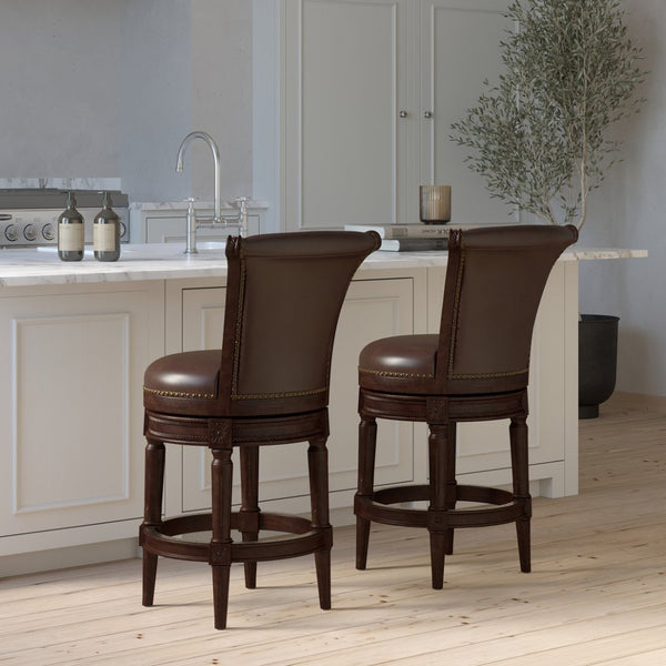 English Elm 26in. Solid Wood High-back Swivel Barstool Faux Leather Seat Nail Head Trim B2751P436428