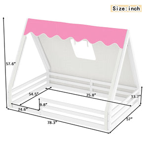 English Elm Twin Montessori Floor Bed Solid Pine Teepee Frame with Guardrails and Canopy Light White+Pink W1580P369467