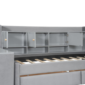 English Elm Twin Upholstered Daybed with Velvet Finish, High Back Shelves, Flip Cabinets, Drawers & Side Table Gray SF000196AAE