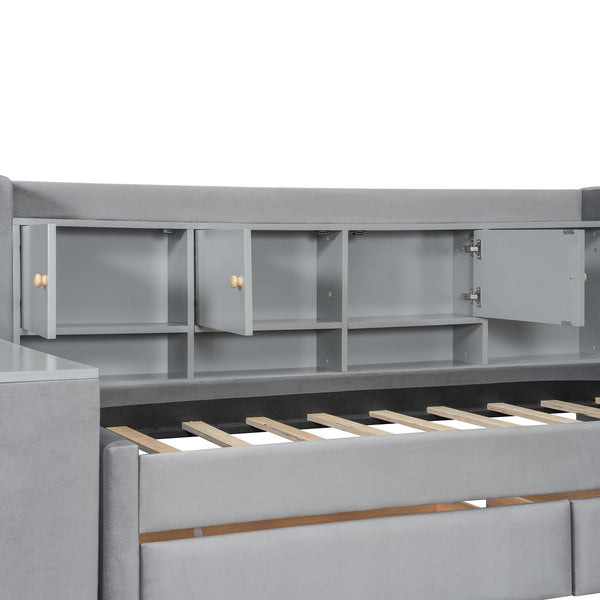 English Elm Twin Upholstered Daybed with Velvet Finish, High Back Shelves, Flip Cabinets, Drawers & Side Table Gray SF000196AAE