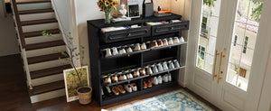 English Elm Wooden Farmhouse Entryway Shoe Cabinet with Six Drawers for Organized Hallway Storage Black W1580P402824