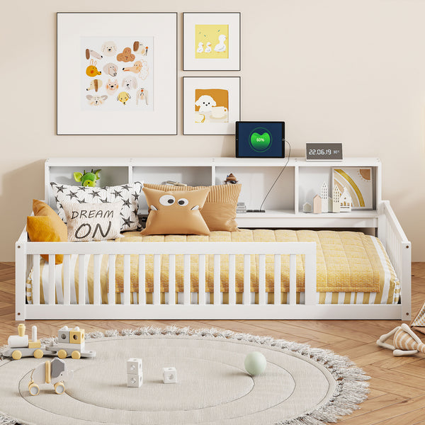 English Elm Wood Twin XL Floor Bed with Built-In Storage Cabinets, USB Charging Ports, Space-Saving Design White N709P205811K