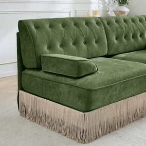 English Elm 3-seater Velvet Modular Sectional with Button Tufting Tassel Skirt and Wooden Base Green W714S01706