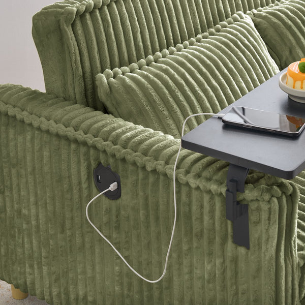 English Elm The pull-out corduroy sofa bed with convertible tabletop and USB charging ports for living room comfort Green W1278P248128