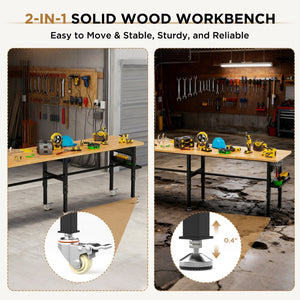 English Elm 96" Heavy Duty Garage Workbench Solid Wood Top Pegboard 2000 Lb Steel Frame W3190P401361