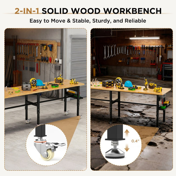 English Elm 96" Heavy Duty Garage Workbench Solid Wood Top Pegboard 2000 Lb Steel Frame W3190P401361