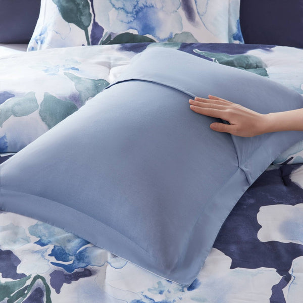 English Elm 7-piece Queen Comforter Set Cotton Print Bedding with Euro Shams and Embroidered Pillows Blue Multi B035P482949