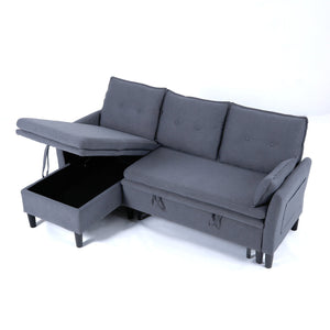 English Elm L-Shaped Reversible Chaise Sectional Sofa with Storage and Fold-Out Bed Cotton-Linen Modern Design DARK GREY W3371S00025
