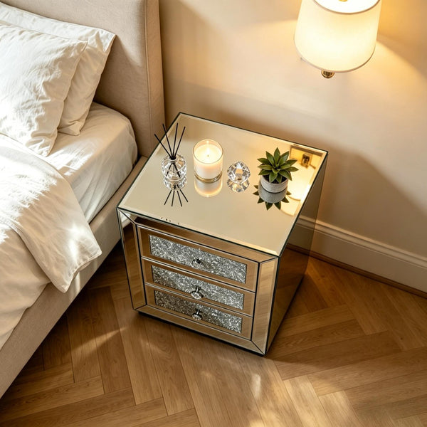 English Elm 3-drawer Mirrored Nightstand with Glitter Glam Silver Finish for Bedroom or Entryway W3935P462091