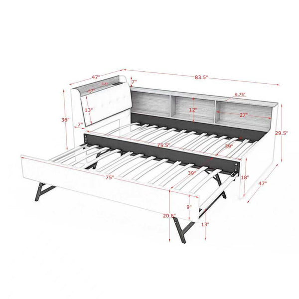 English Elm Twin Size Velvet Daybed With Adjustable Height Headboard, Storage, Trundle & Led Lights - Black W1413S00112-GIGA