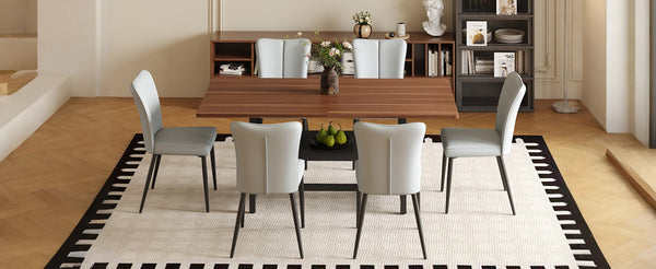 English Elm Table And Chair Set - 71" Walnut Grain Dining Table With 6 Light Gray Pu Chairs For Modern Spaces W1151S04284-GIGA