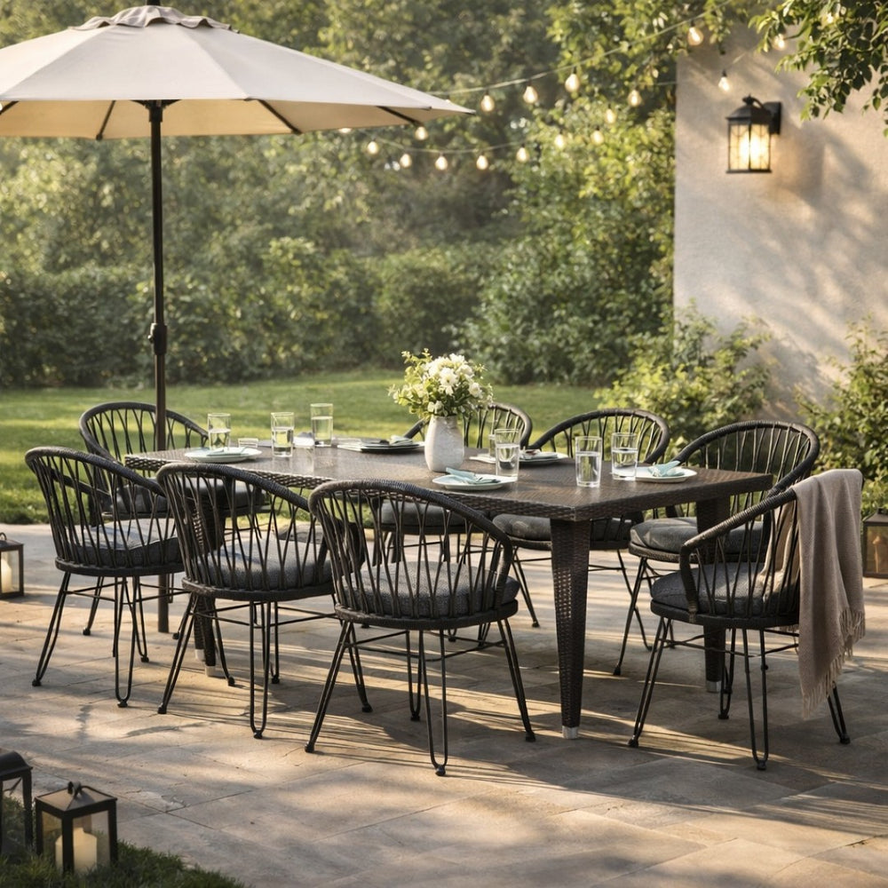 English Elm 9 Piece Outdoor Wicker Dining Set Seats 8 with Iron Frame Pe Rattan Patio Table N762S000016AAE