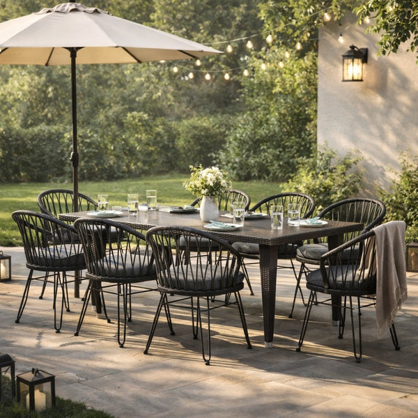 English Elm 9 Piece Outdoor Wicker Dining Set Seats 8 with Iron Frame Pe Rattan Patio Table N762S000016AAE