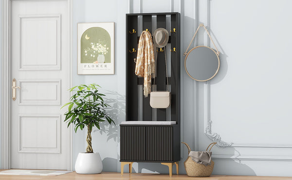 English Elm ON-TREND Modern Luxury Hall Tree with Cushioned Bench, Fluted Doors, 8 Gold Hooks & Adjustable Shelf Black N721P192814B