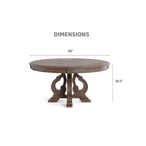 English Elm Dining Table 60 Inch Round Solid Wood Pedestal with Hand Carved Skirt and Inlay Natural+Rustic B2741P474000