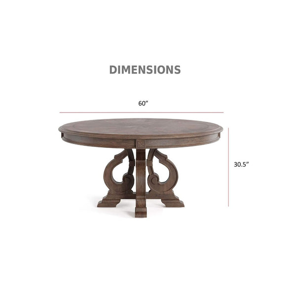 English Elm Dining Table 60 Inch Round Solid Wood Pedestal with Hand Carved Skirt and Inlay Natural+Rustic B2741P474000