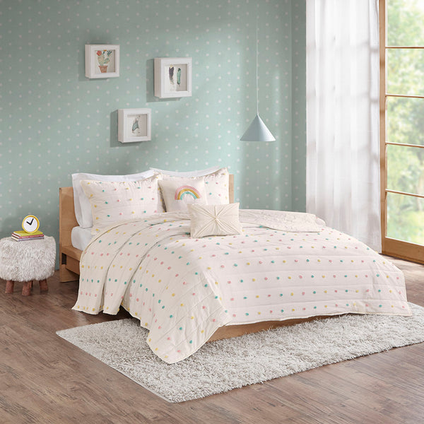 JLA Home Urban Habitat Kids - Pom playful cotton jacquard quilt set with pom‑pom texture, OEKO‑TEX, antimicrobial finish, washable pillows 88 L x 68 W x 1H UHK13-0092
