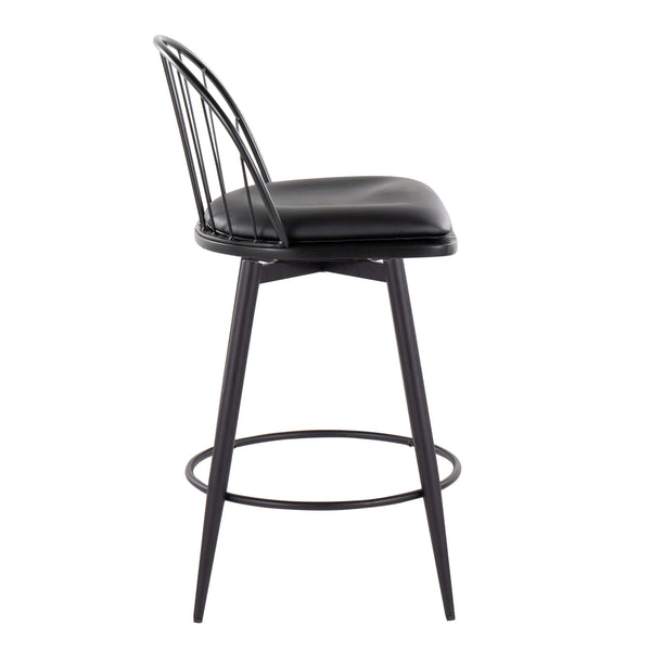 English Elm Riley 26" Farmhouse Fixed-Height Swivel Counter Stools Set of 2 - Matte Black Metal, Faux Leather Cushioned Seats, Round Footrest B202S00370
