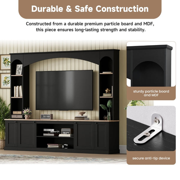 English Elm Arched Farmhouse Entertainment Center with Open Shelving for Living Room Black N721S000063B