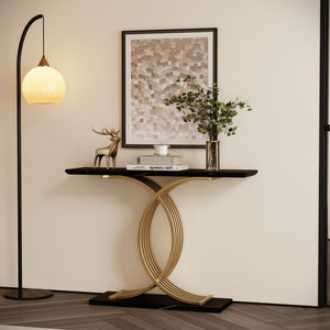 English Elm Accent Console Table Sculptural Black Gold Metal Legs Slim Entryway Hallway Decor W2263P395488