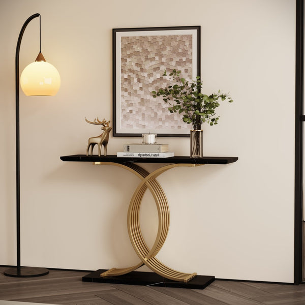 English Elm Accent Console Table Sculptural Black Gold Metal Legs Slim Entryway Hallway Decor W2263P395488