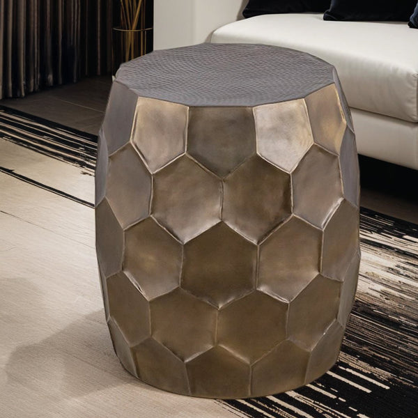 English Elm Modern Round Hand-Hammered Aluminum Coffee & End Table Set — Hexagonal Patterned Artisanal Design Gold B009S01529