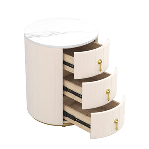 English Elm 2 Upholstered Nightstand Set with 3 Drawers, Round Velvet Bedside Table, Marble Top & Metal Handles Beige 24 L x 19.5 W x 18.89 H N733S272609A