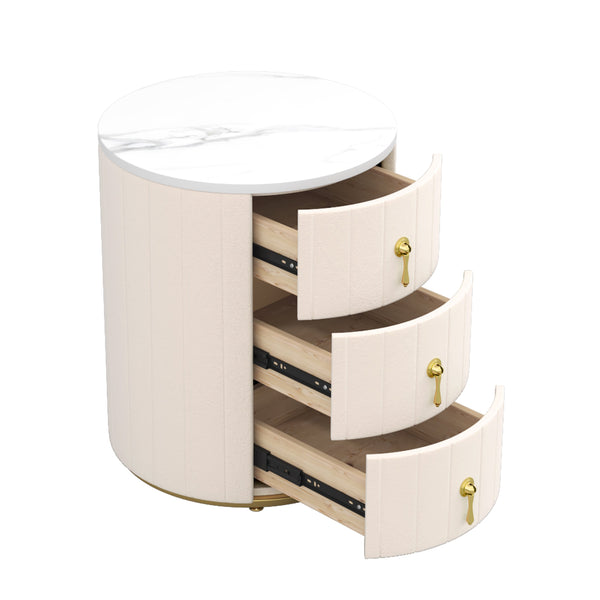 English Elm 2 Upholstered Nightstand Set with 3 Drawers, Round Velvet Bedside Table, Marble Top & Metal Handles Beige 24 L x 19.5 W x 18.89 H N733S272609A