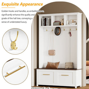 English Elm On-trend Entryway Hall Tree with Gold Hooks Bench Drawers and Shoe Cabinet Storage White N721S000056K-1