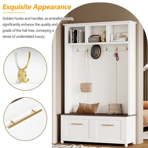 English Elm On-trend Entryway Hall Tree with Gold Hooks Bench Drawers and Shoe Cabinet Storage White N721S000056K-1
