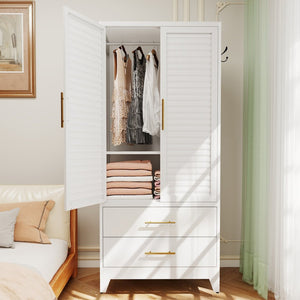 English Elm White Steel Freestanding Wardrobe Cabinet with Rod and Shelves for Dorm or Apartment T2398P480393
