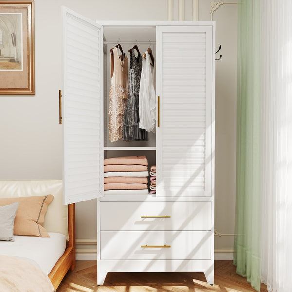 English Elm White Steel Freestanding Wardrobe Cabinet with Rod and Shelves for Dorm or Apartment T2398P480393