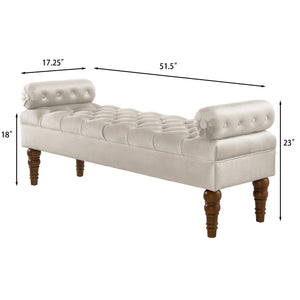 English Elm Velvet Tufted Bench with Round Bolster Armrest and Solid Wood Spindle Legs for Elegant Seating (52") Champagne W2186P253253