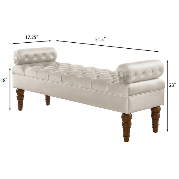 English Elm Velvet Tufted Bench with Round Bolster Armrest and Solid Wood Spindle Legs for Elegant Seating (52") Champagne W2186P253253