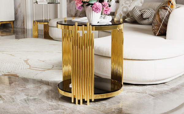 English Elm Modern Round Mirrored Glass End Table with Gold Metal Frame and Lower Display Shelf Black N735P380092B