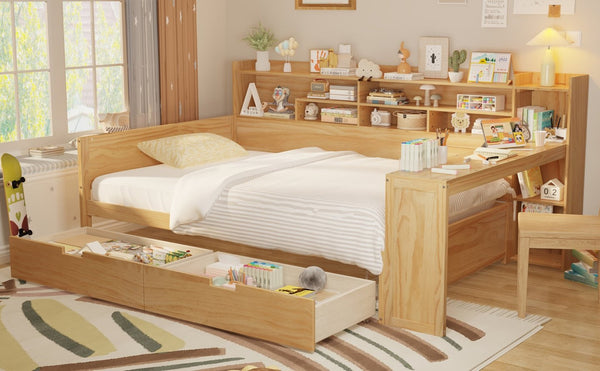 English Elm Wooden Twin Daybed with Trundle Built-in Desk and Open Shelves for Kids Rooms Natural N733S373385M