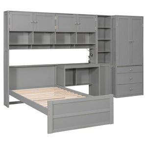 English Elm Wooden Twin Loft Bed with Built-in Desk Wardrobe Storage Drawers and Led Lighting N820S00069E