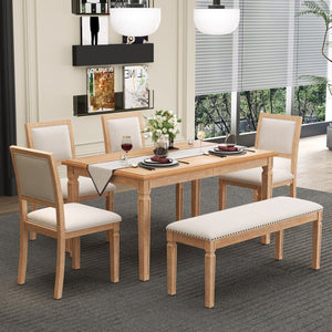 English Elm Trexm Rustic Farmhouse Extendable Dining Set Six Piece with Bench Distressed Wood Beige,Natural Wood Wash ST000151AAD