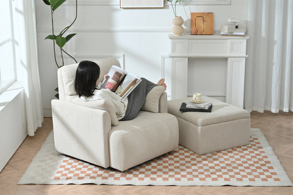 English Elm Oversized Storage Ottoman Accent Chair with Deep Wide Seat, Mid-Century Upholstered Lounge Sofa for Cozy Reading and Relaxation Beige+Grey W1028S00044